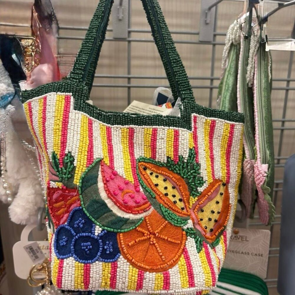 New Release Handcrafted in India Striped Fruit Beaded Bag Satchel Viral TikTok